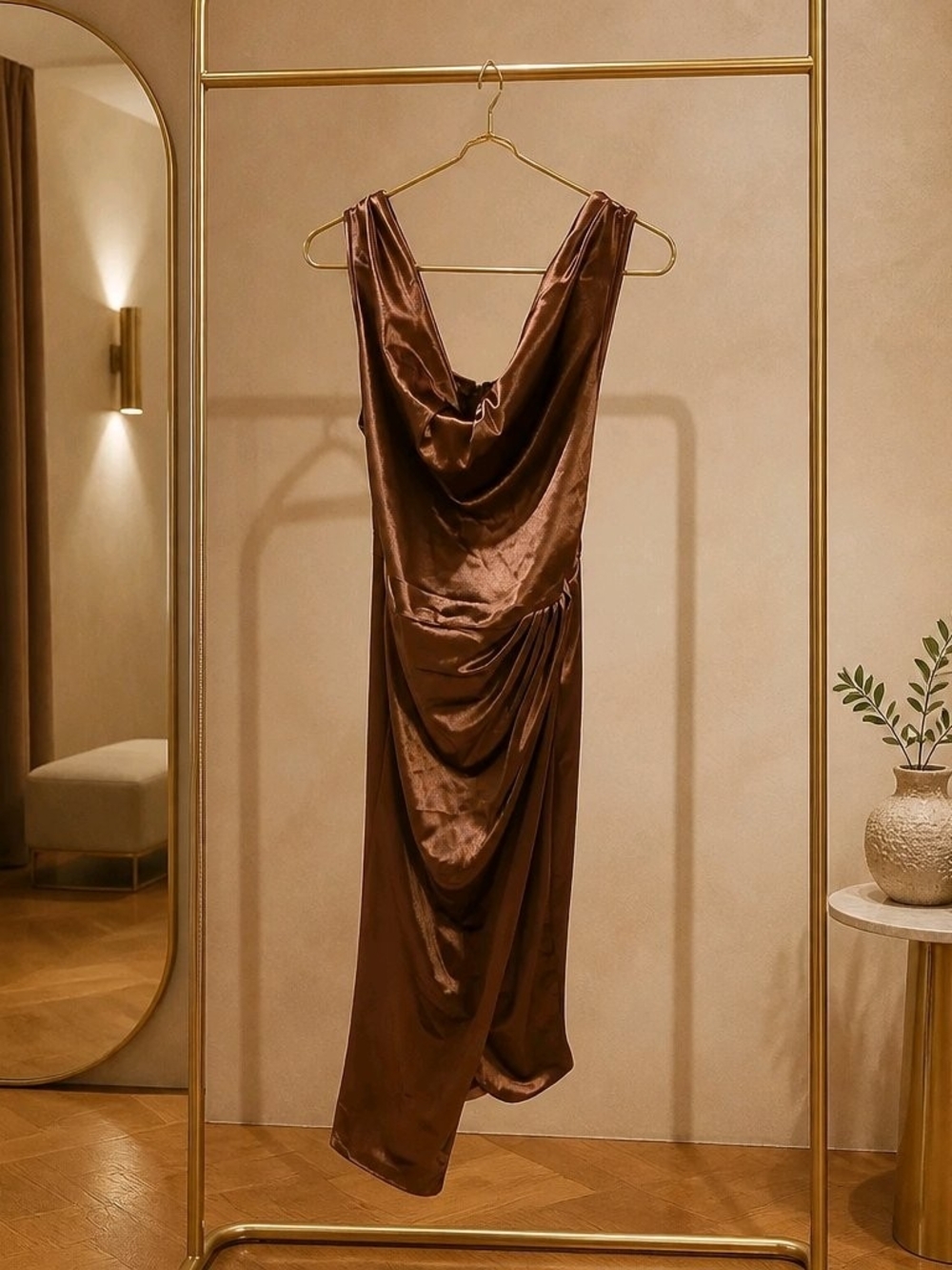 Draped Satin Asymmetrical Dress in Brown
